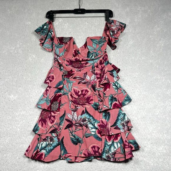 For Love and Lemons Flamenco Mini Dress M Pink Tiered Ruffle Off the Shoulder - Picture 1 of 10